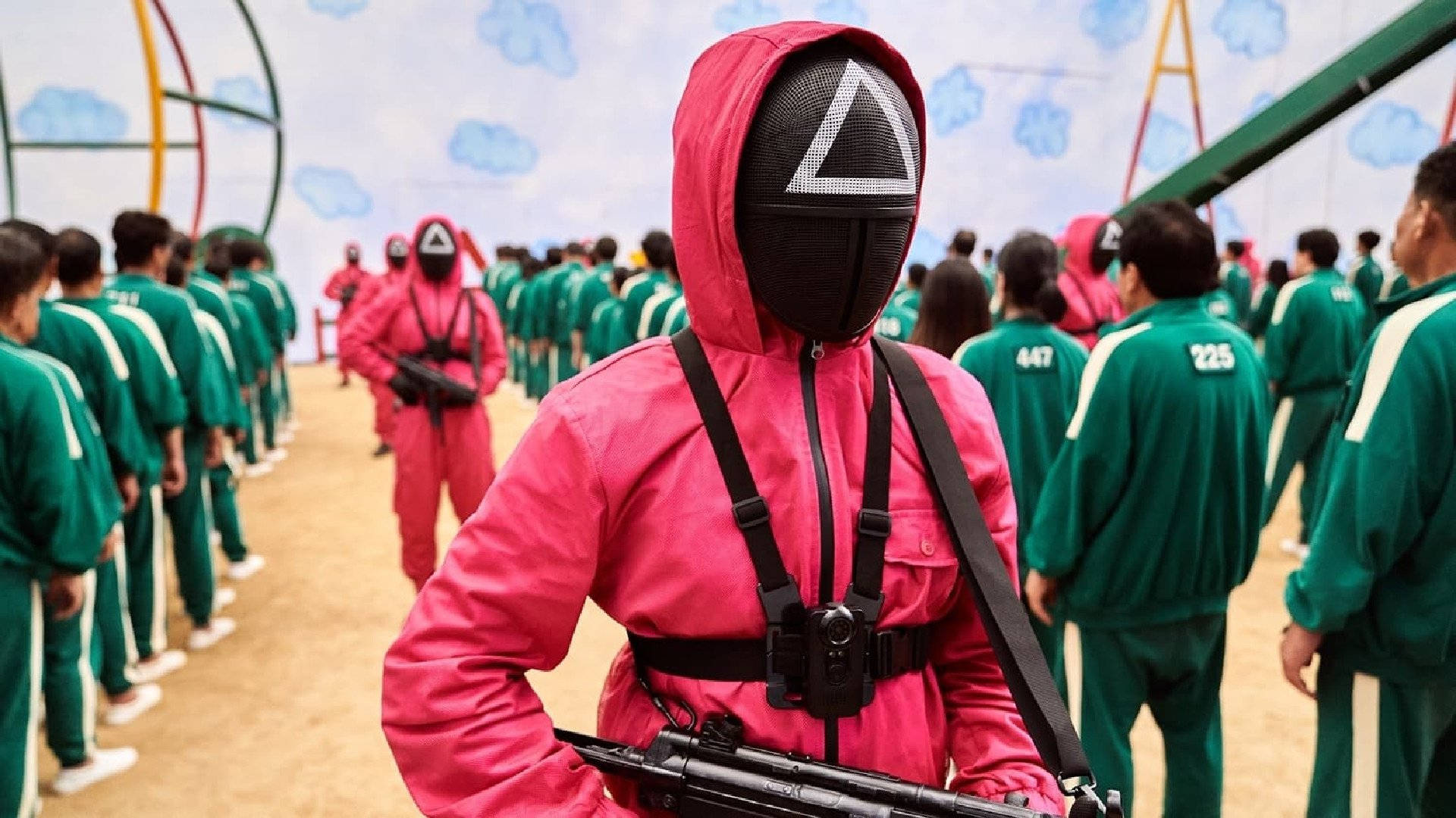 Squid Game, red guard, bright pink hooded suit, Full HD Desktop Wallpaper