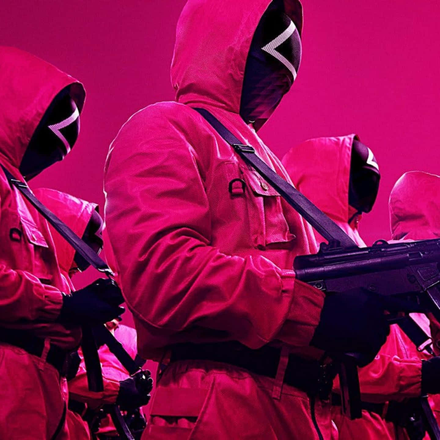 Squid Game, hot pink, masked figures, HD Desktop Wallpaper
