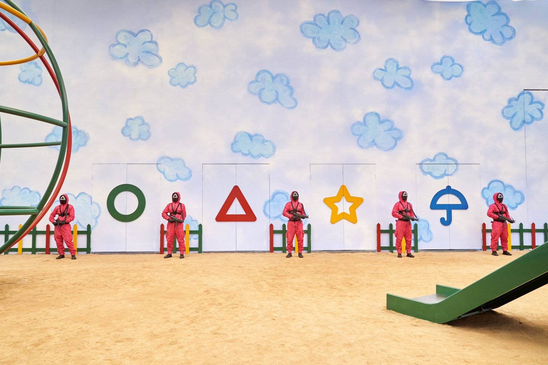 Squid Game, red hazmat suits, colorful geometric shapes, Full HD Desktop Wallpaper
