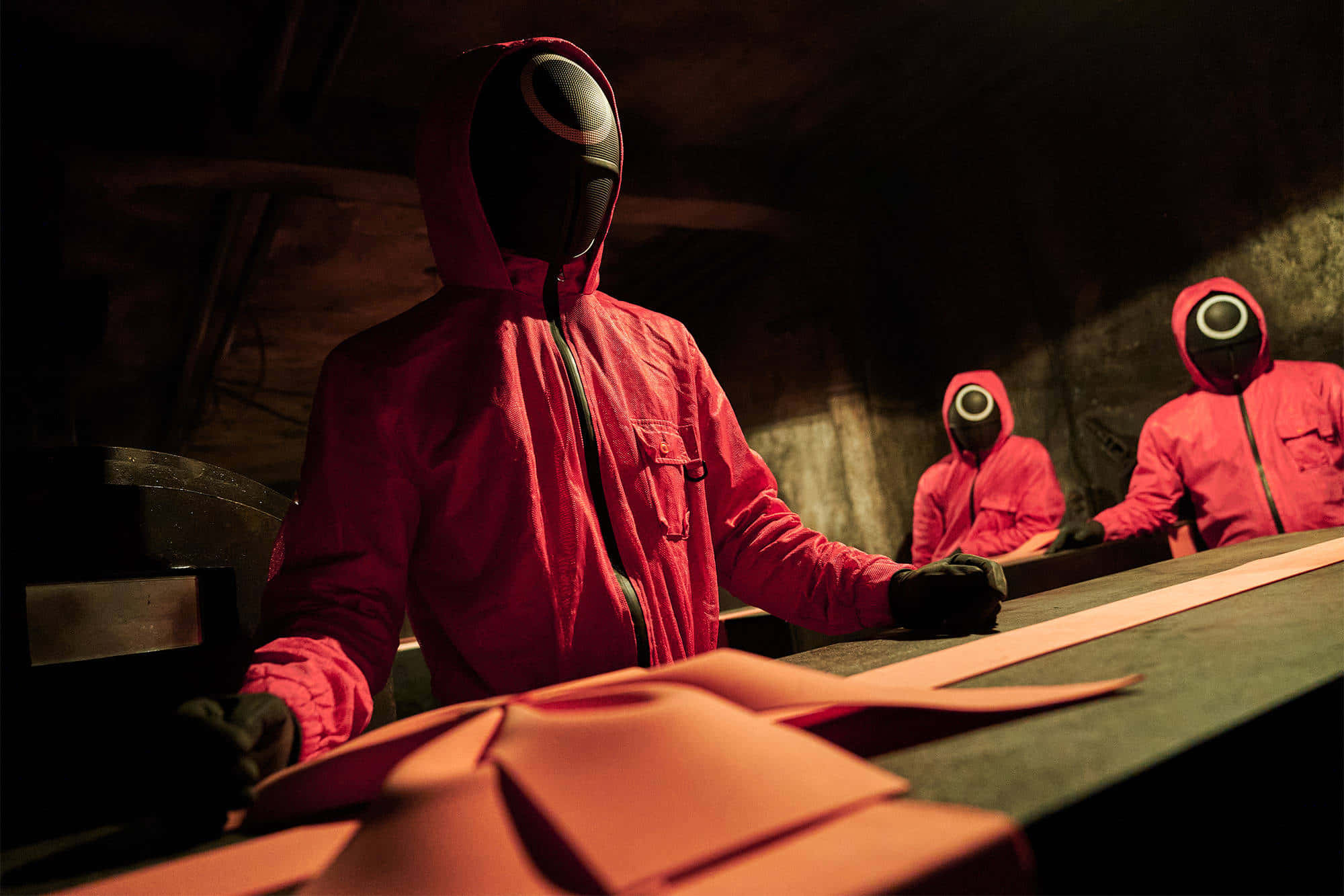 Squid Game, red hooded jumpsuits, white circular masks, Full HD Desktop Wallpaper