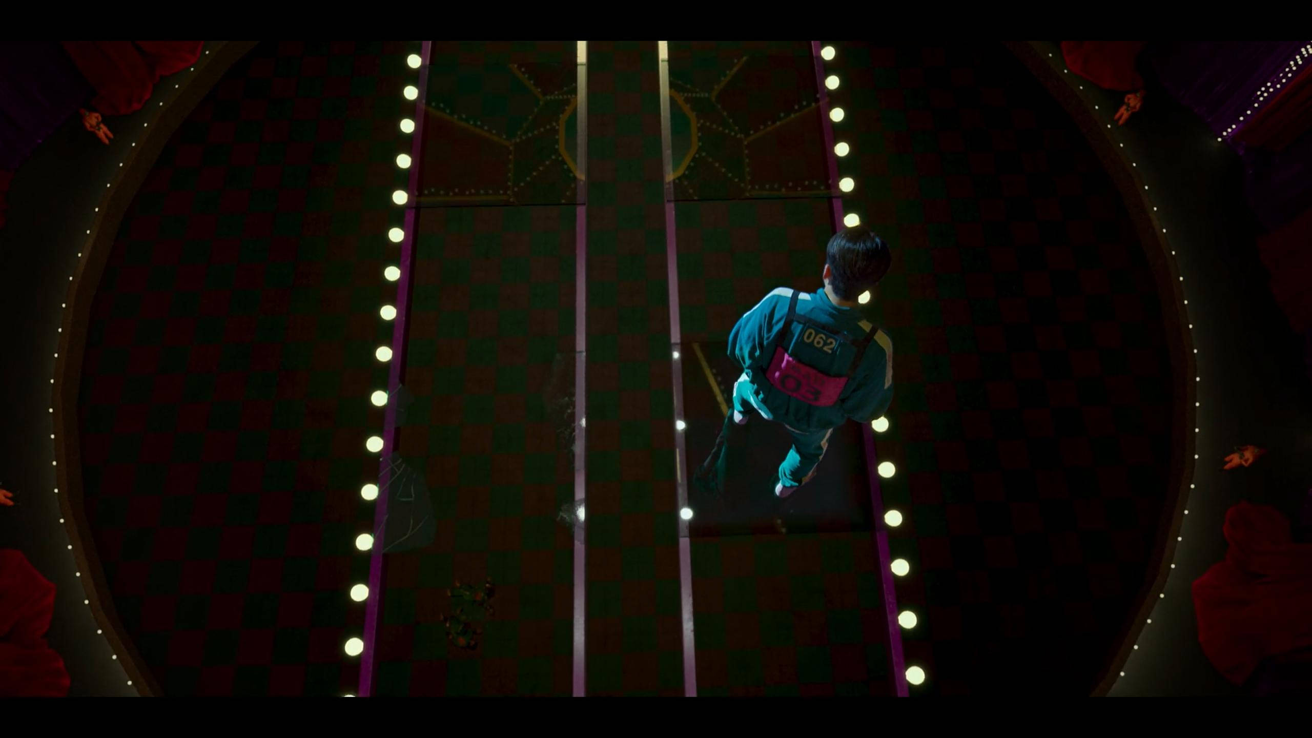 Squid Game, glass bridge scene, teal tracksuit, 2K Desktop Wallpaper