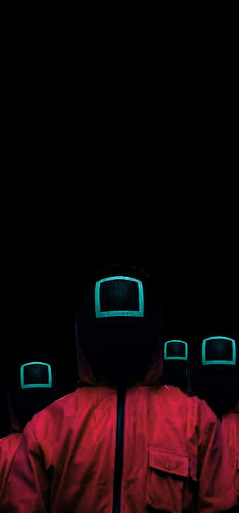 Squid Game, red jumpsuits, glowing teal masks, SD Phone Wallpaper