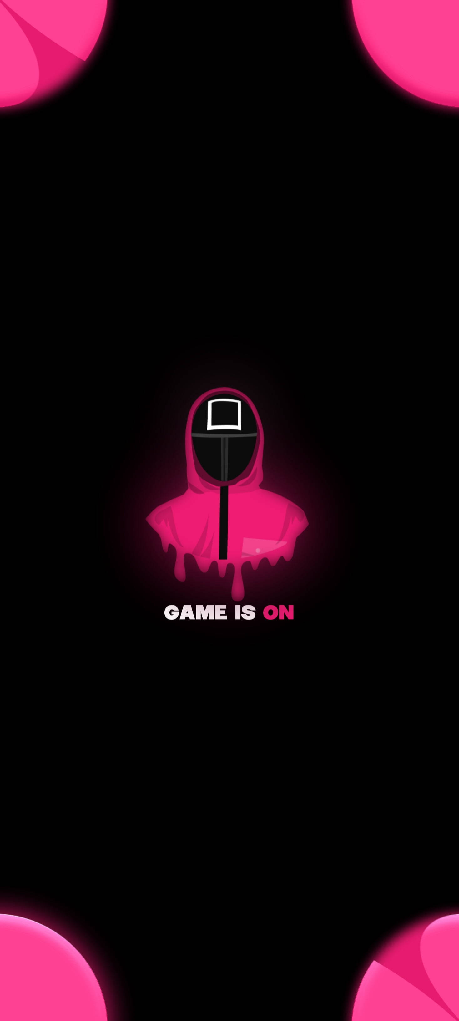 Squid Game, glowing pink hooded figure, square face, 2K Phone Wallpaper