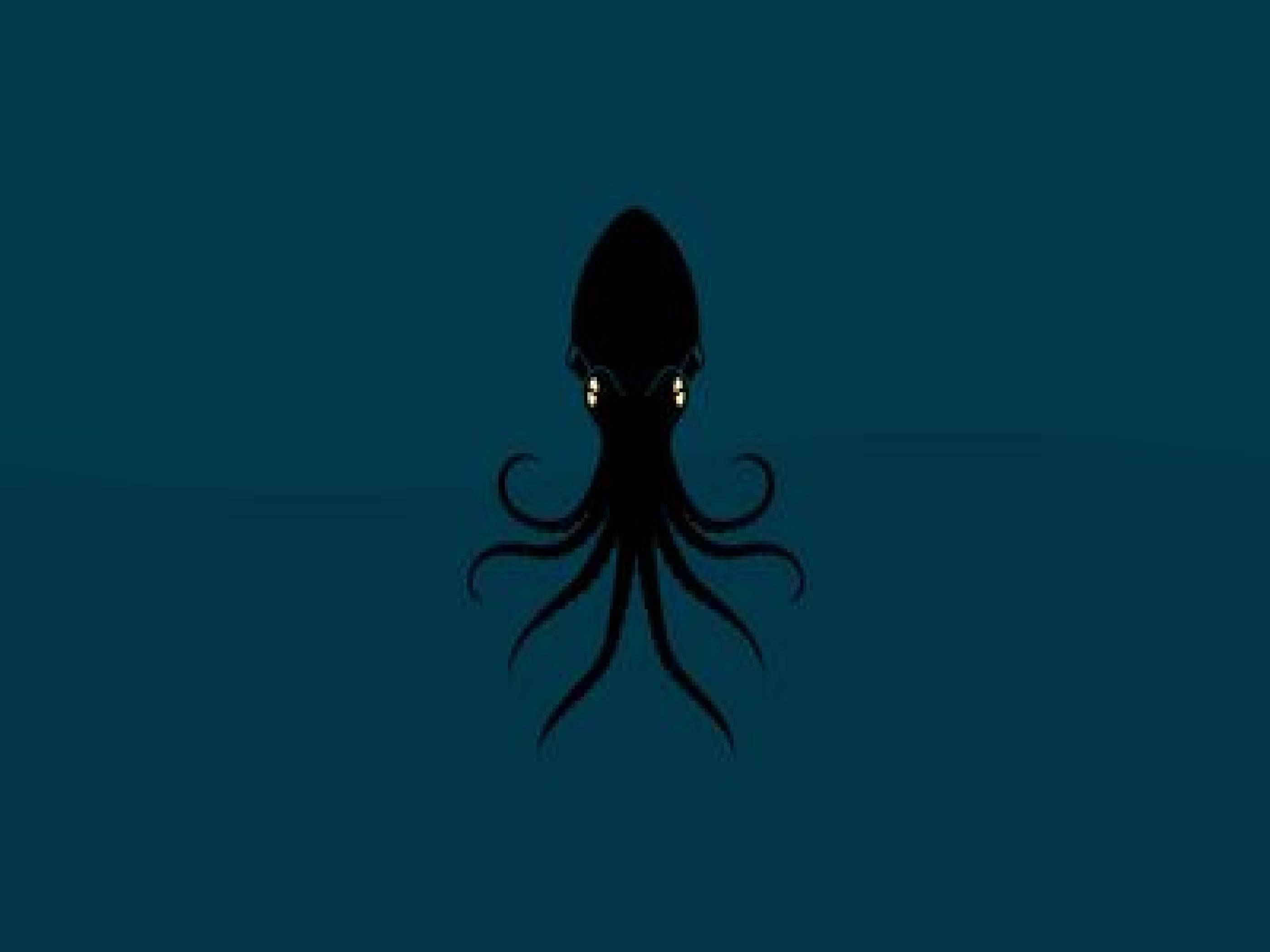 black calamari, glowing yellow eyes, deep teal ocean waters, 2K Desktop Wallpaper