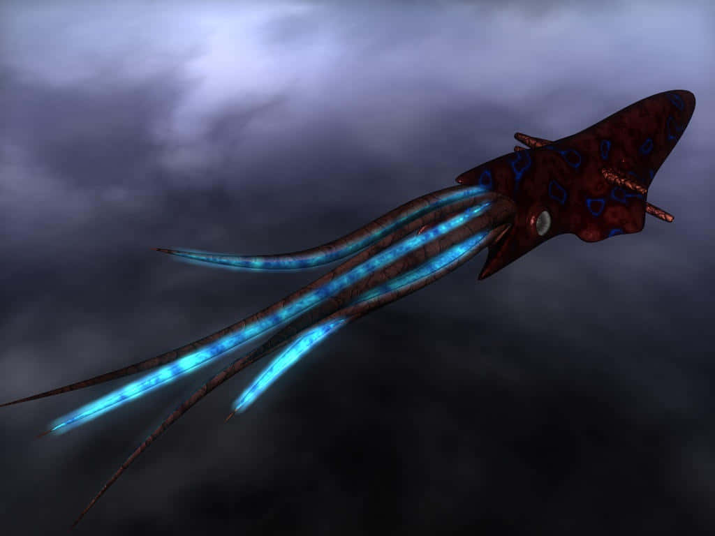 bioluminescent flying squid, glowing blue stripes, dark storm clouds, SD Desktop Wallpaper