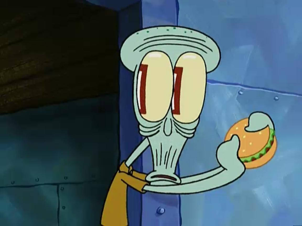 Squidward Tentacles, burger, dimly lit room, SD Desktop Wallpaper