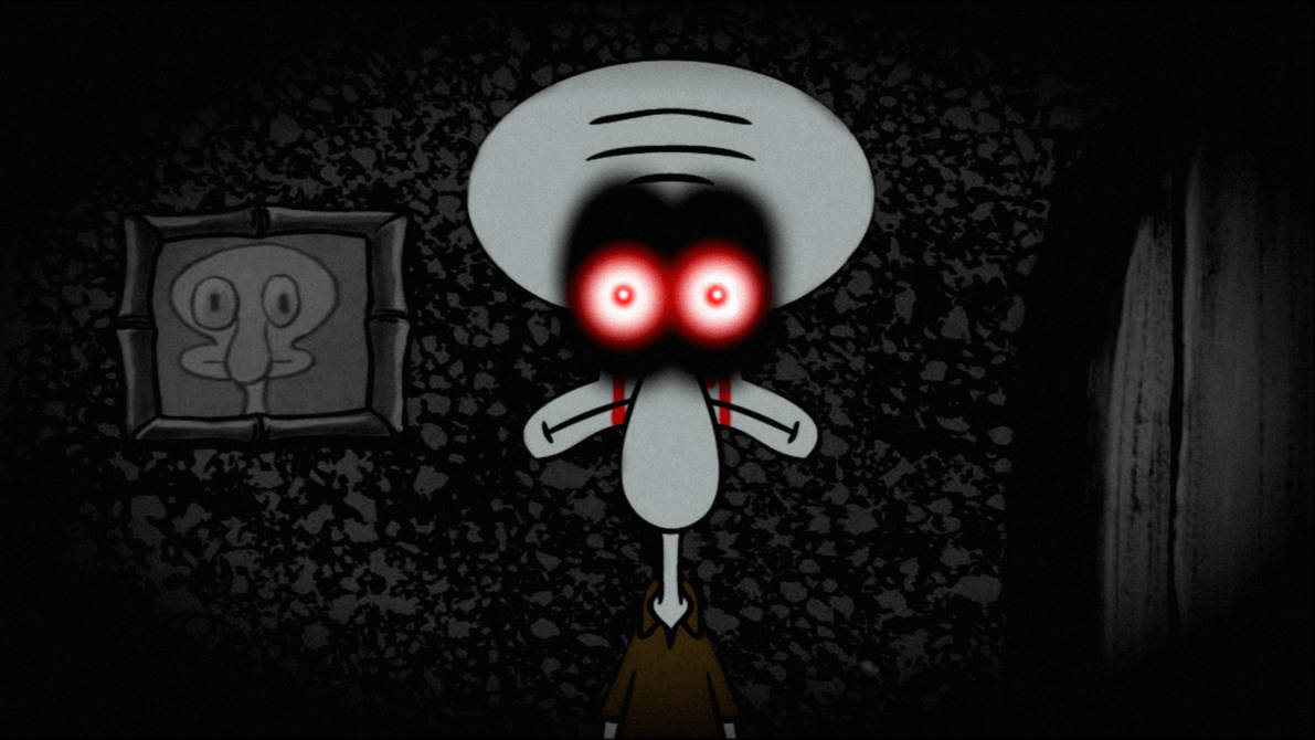 Squidward Tentacles, glowing red eyes, dark room, SD Desktop Wallpaper