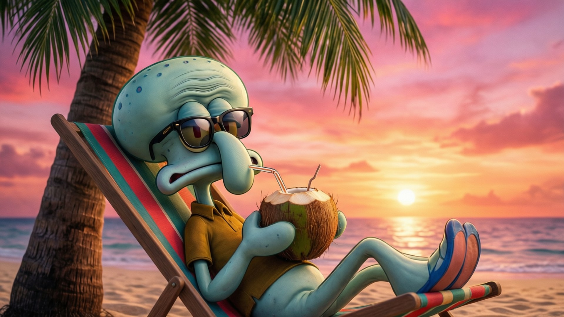 Squidward Tentacles, striped beach chair, coconut juice, Full HD Desktop Wallpaper