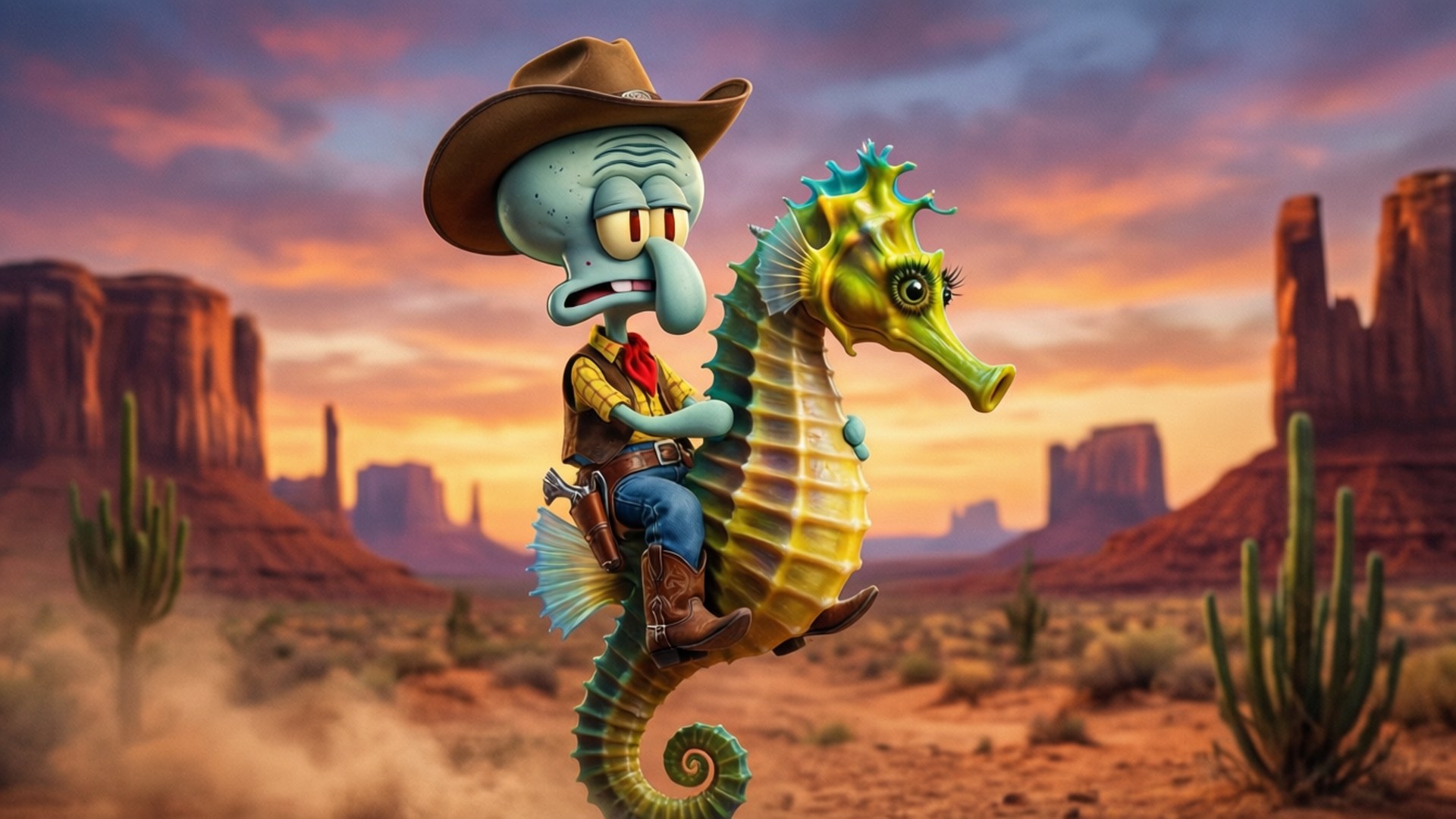Squidward Tentacles, cowboy gear, seahorse, Full HD Desktop Wallpaper