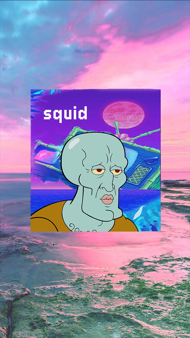 Squidward Tentacles, pink and purple sunset sky, surreal ocean, HD Phone Wallpaper
