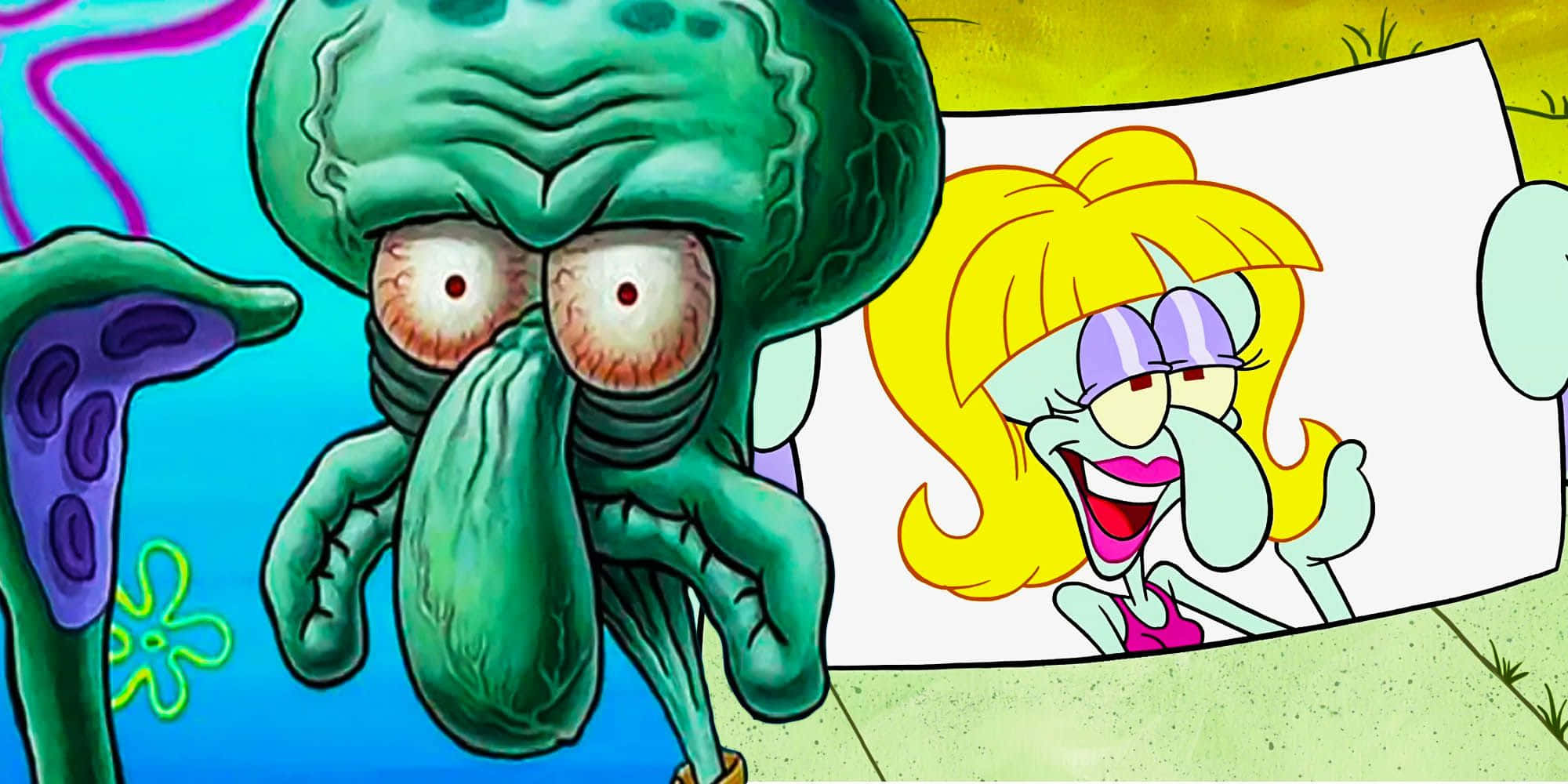 Squidward Tentacles, blonde woman, purple glasses, Full HD Desktop Wallpaper