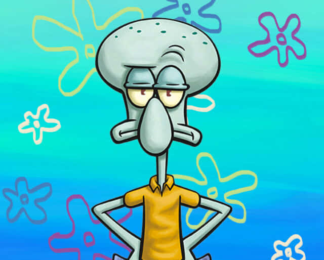 Squidward Tentacles, vibrant blue background, colorful abstract flower outlines, SD Desktop Wallpaper