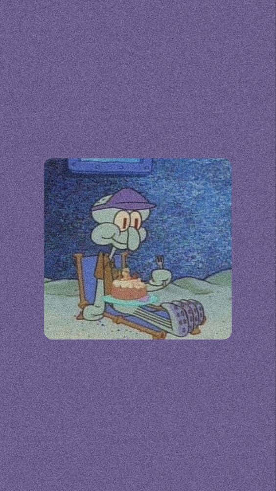 Squidward, cake with one candle, purple textured sky, SD Phone Wallpaper