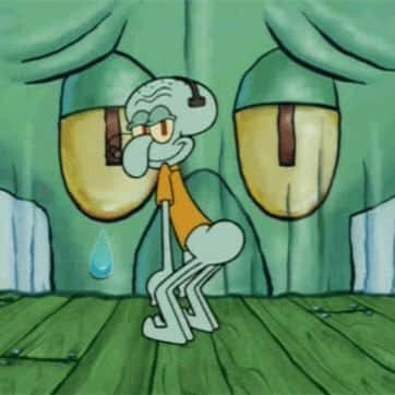Squidward, green wooden floor, large green curtains, SD Desktop Wallpaper
