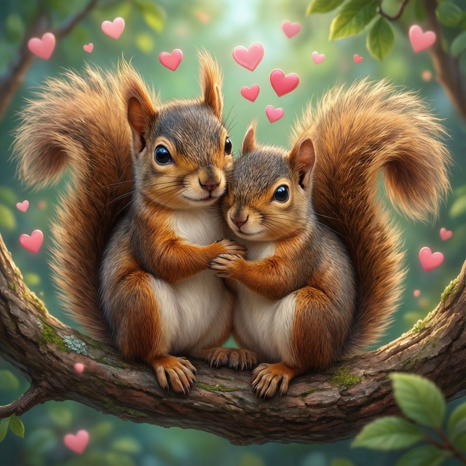 cuddling squirrel couple, fluffy red squirrels, mossy tree branch, HD Desktop Wallpaper