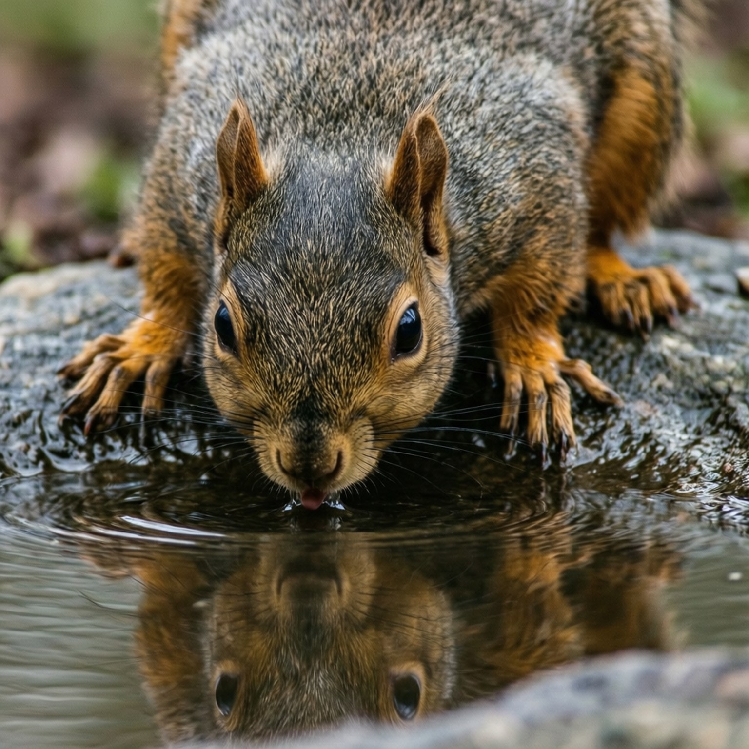 gray and orange squirrel, puddle on a rock, reflection, HD Desktop Wallpaper