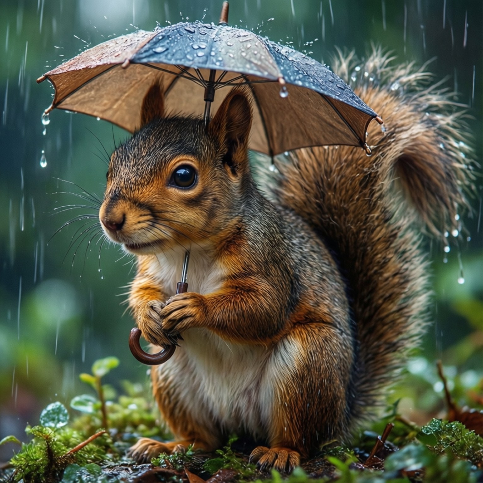 fluffy brown squirrel, tiny umbrella, raindrops, HD Desktop Wallpaper