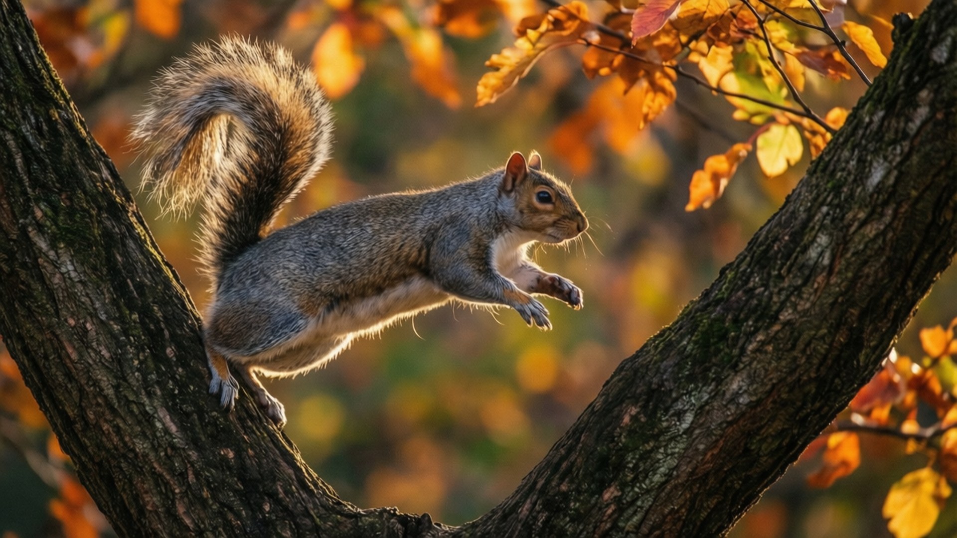 gray squirrel, autumn leaves, tree branches, Full HD Desktop Wallpaper