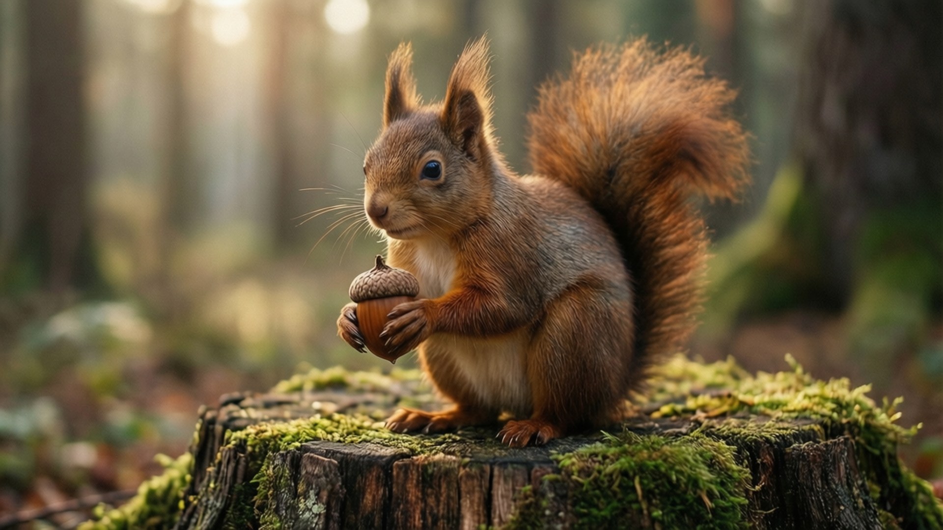 red squirrel, bright blue eyes, acorn, Full HD Desktop Wallpaper