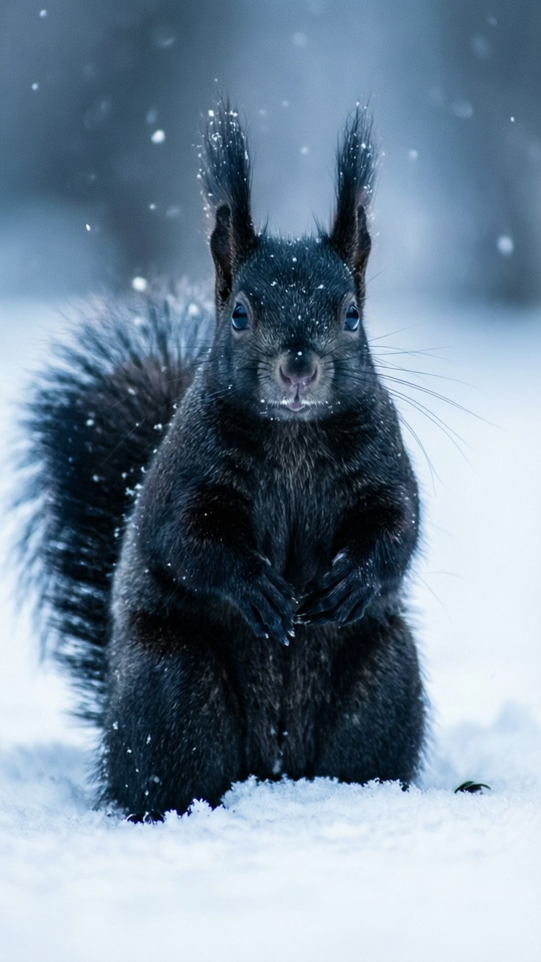 black squirrel, bright blue eyes, falling snow, Full HD Phone Wallpaper