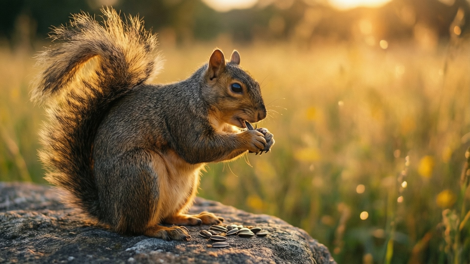 sunset, gray squirrel, bushy tail, Full HD Desktop Wallpaper