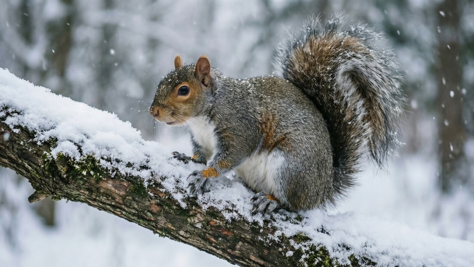 gray squirrel, bushy tail, snow-dusted tree branch, Full HD Desktop Wallpaper