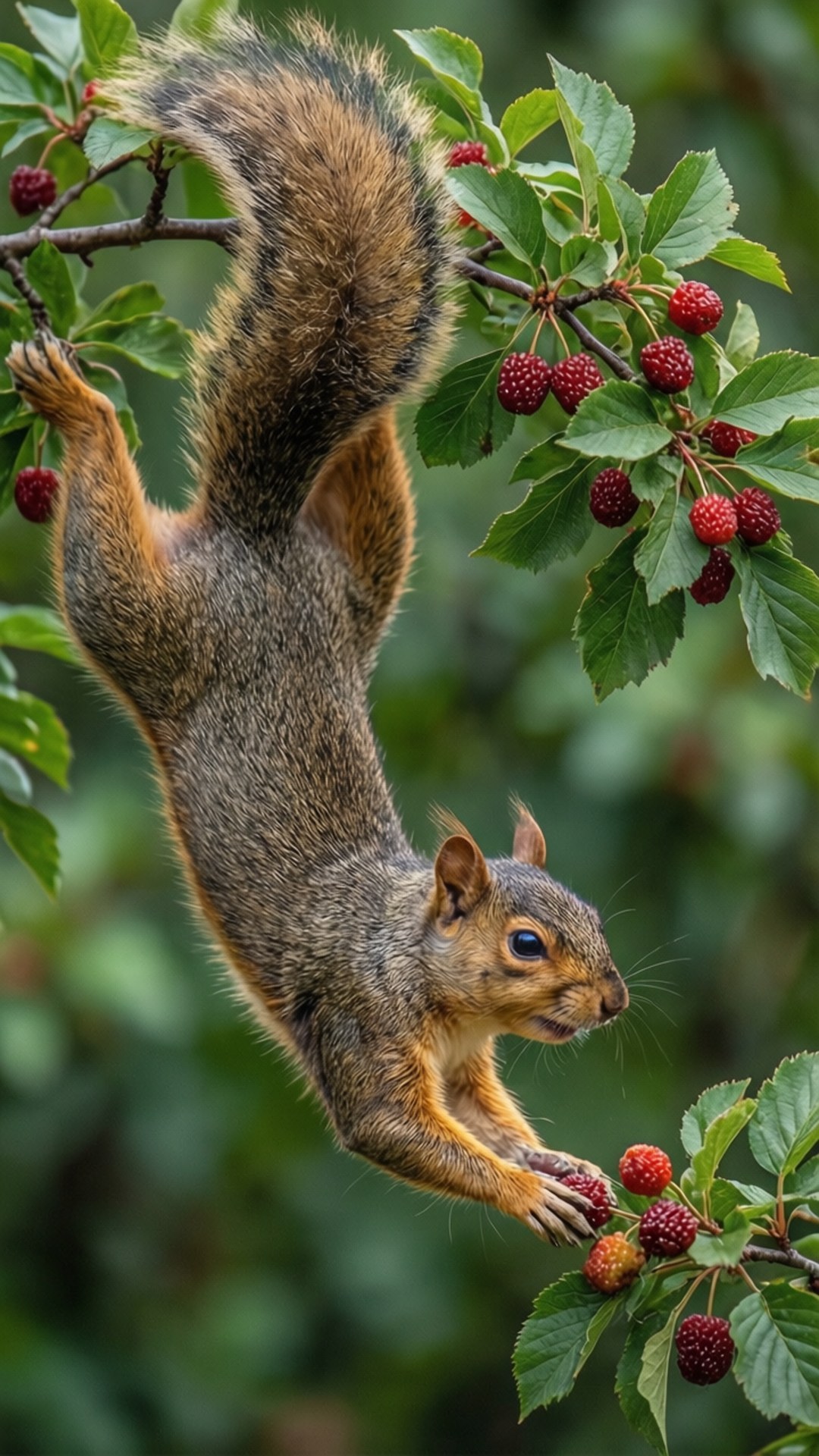 squirrel, branch, red berries, Full HD Phone Wallpaper