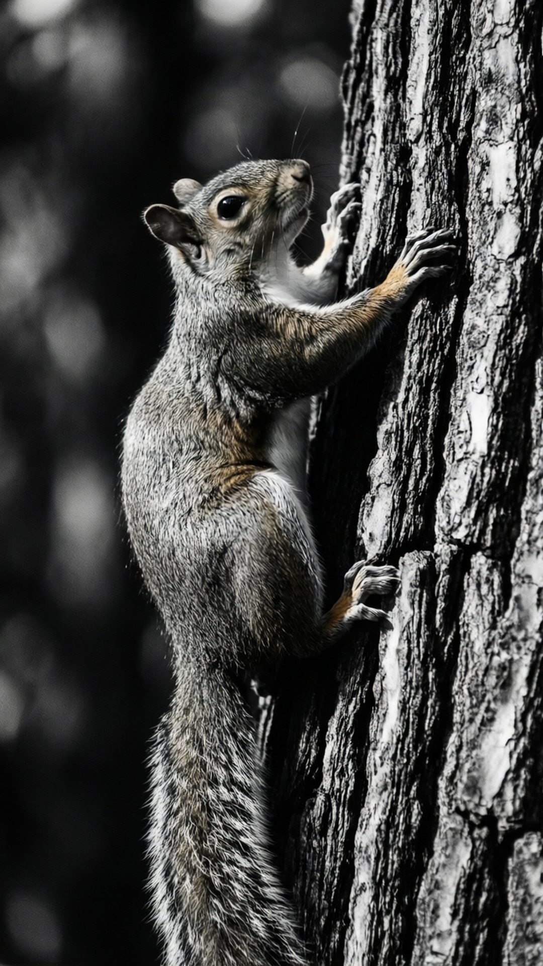 gray squirrel, textured tree trunk, high-contrast black and white photograph, Full HD Phone Wallpaper