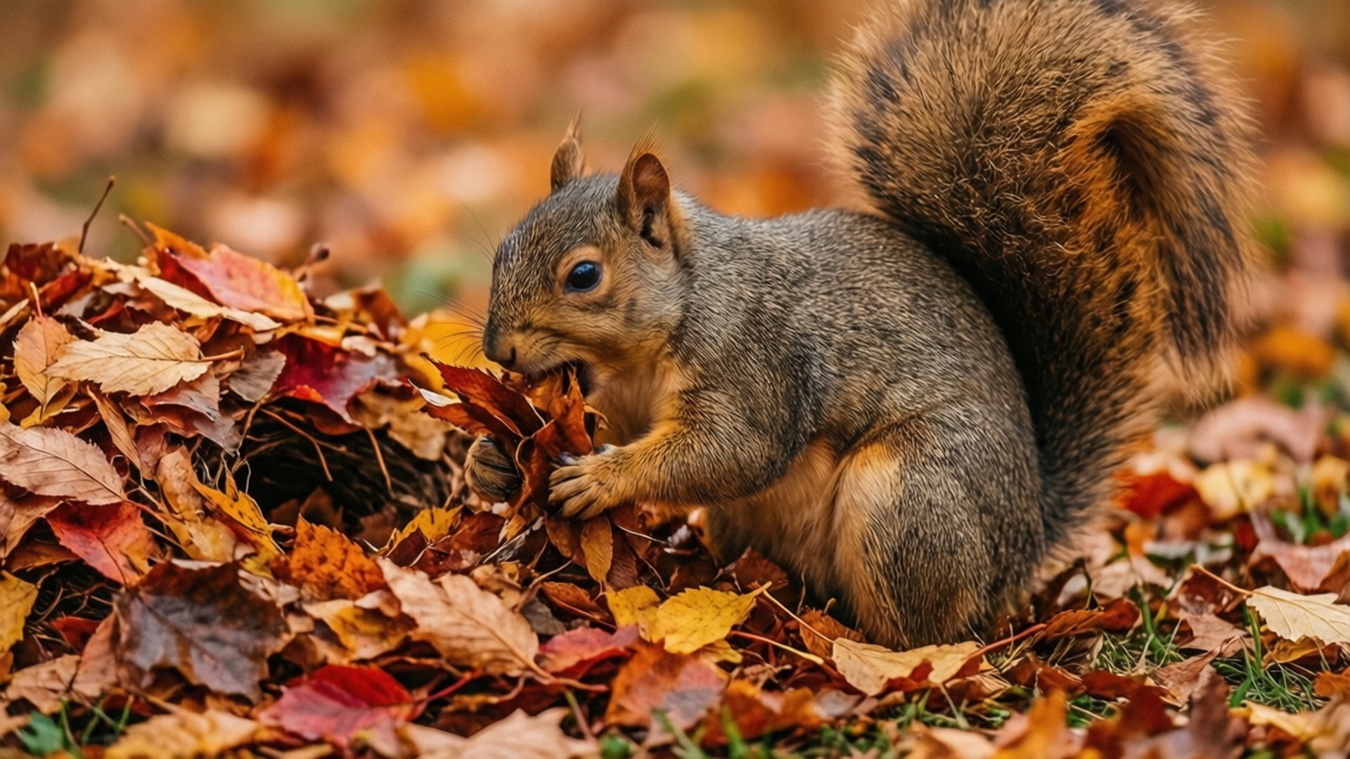 gray squirrel, bushy tail, vibrant autumn leaves, Full HD Desktop Wallpaper