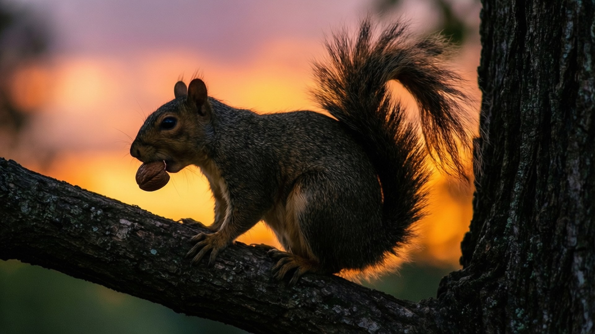 squirrel, tree branch, nut, Full HD Desktop Wallpaper