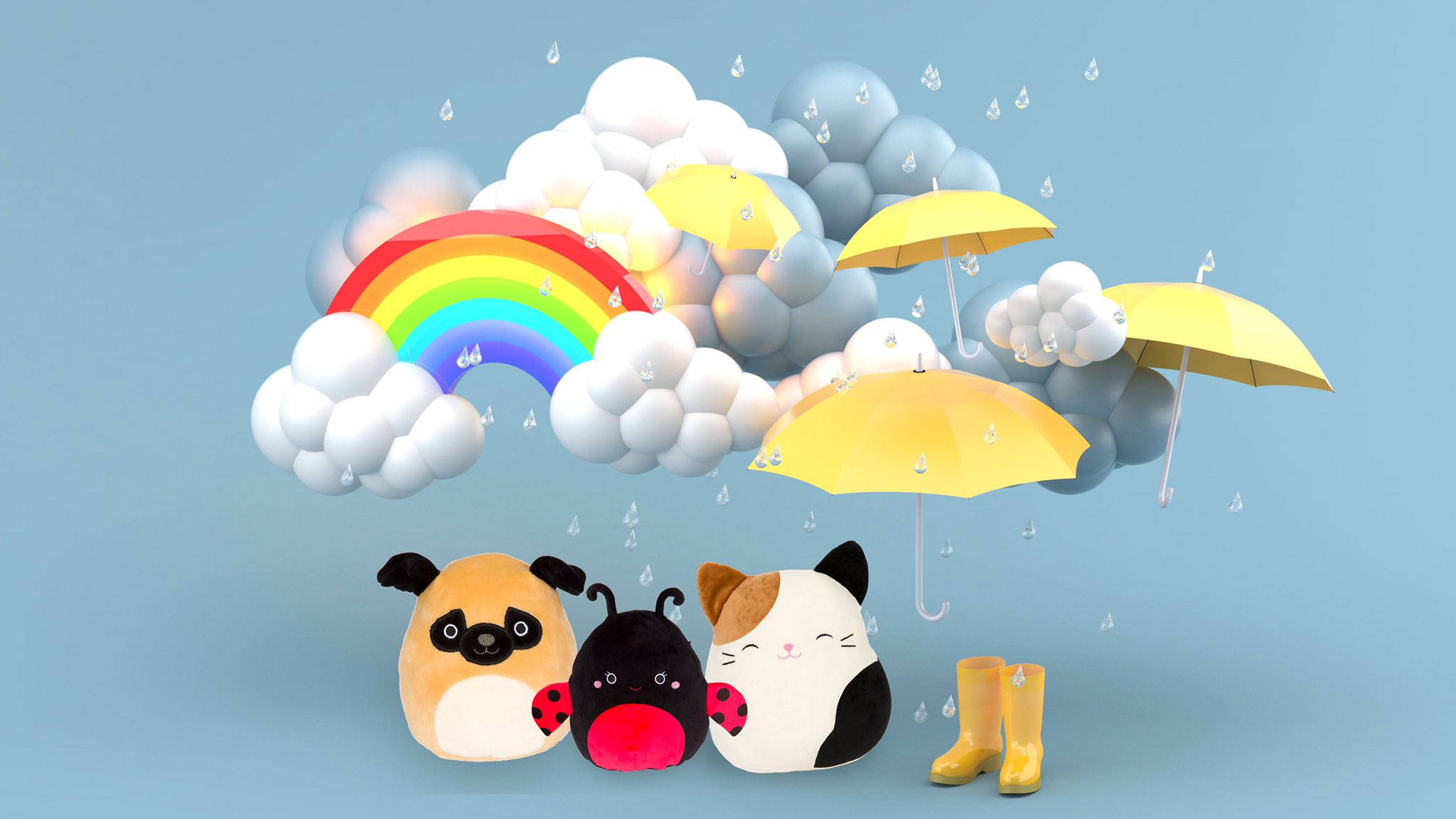 Squishmallows, rainy weather theme, floating clouds, Full HD Desktop Wallpaper