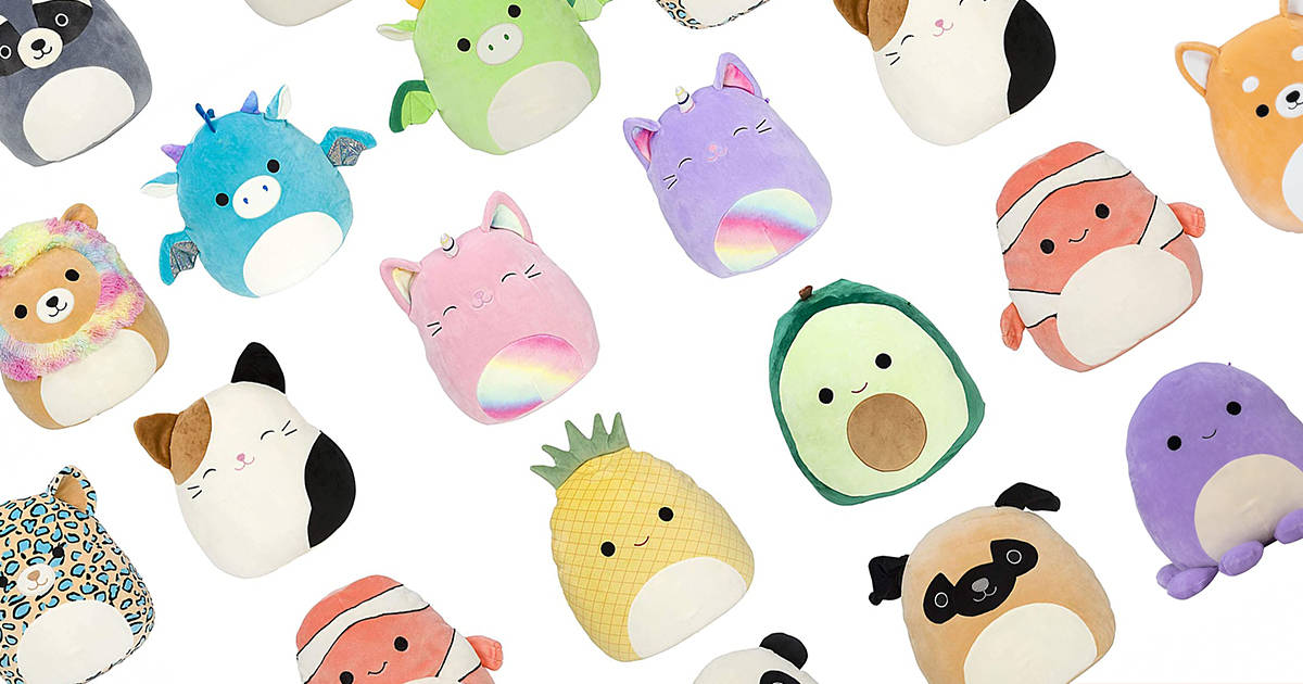 Squishmallows, rainbow accents, white background, SD Desktop Wallpaper
