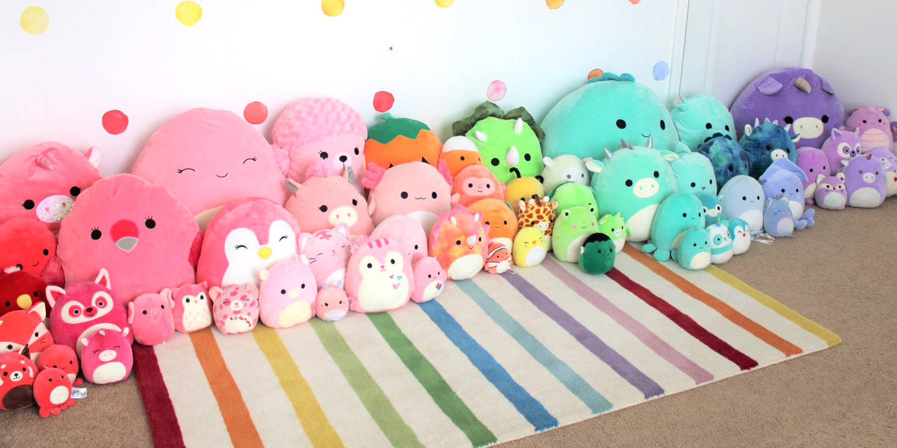 Squishmallows, rainbow-striped, white wall, HD Desktop Wallpaper
