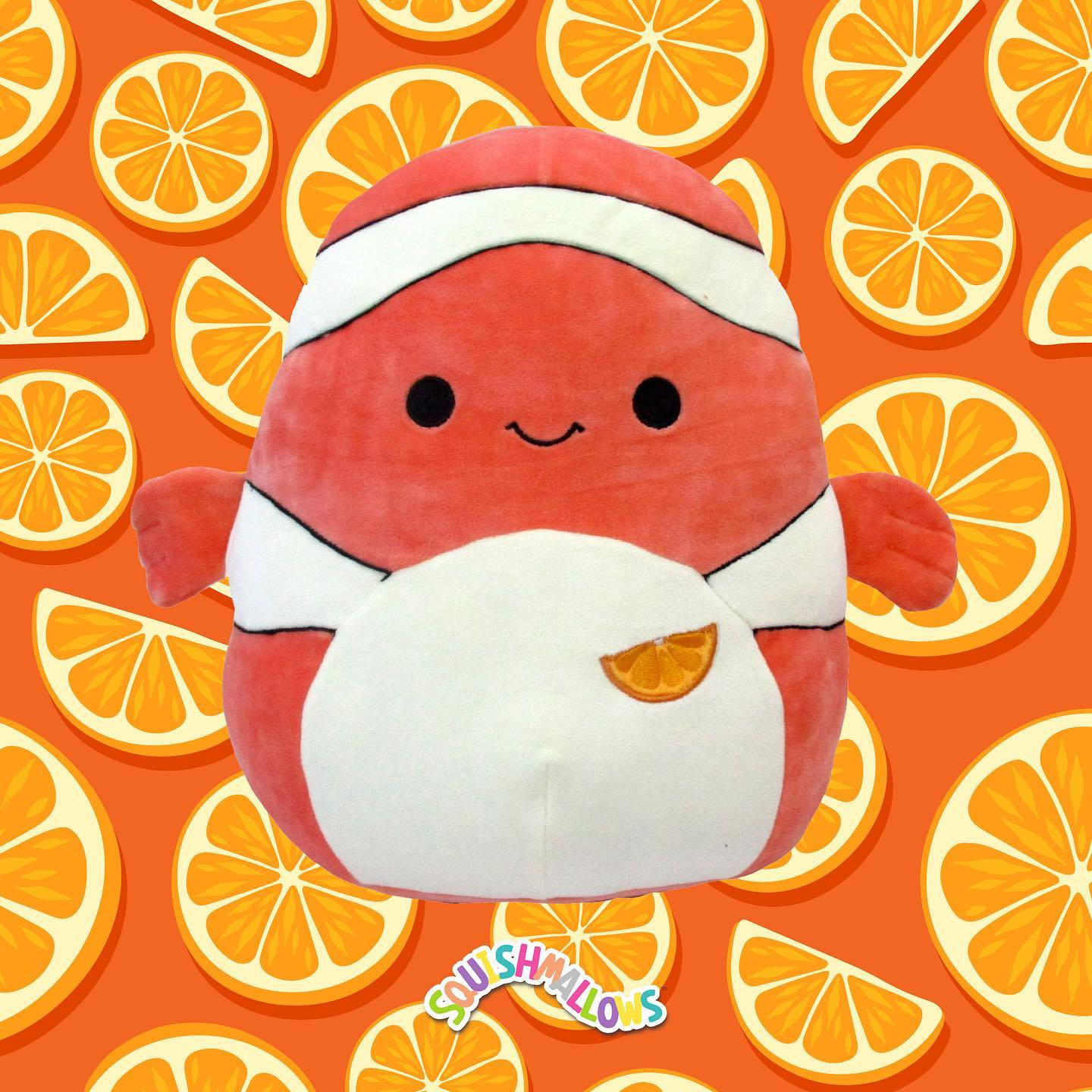 Squishmallows, orange pattern, red plush clownfish, HD Desktop Wallpaper
