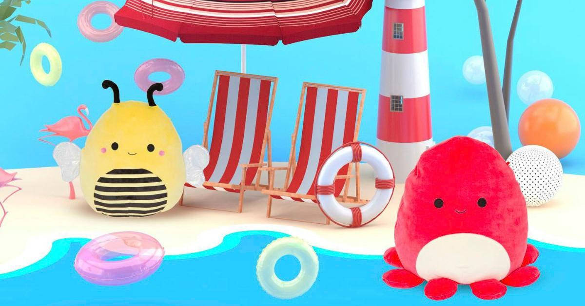 Squishmallows, beach, striped chairs, SD Desktop Wallpaper