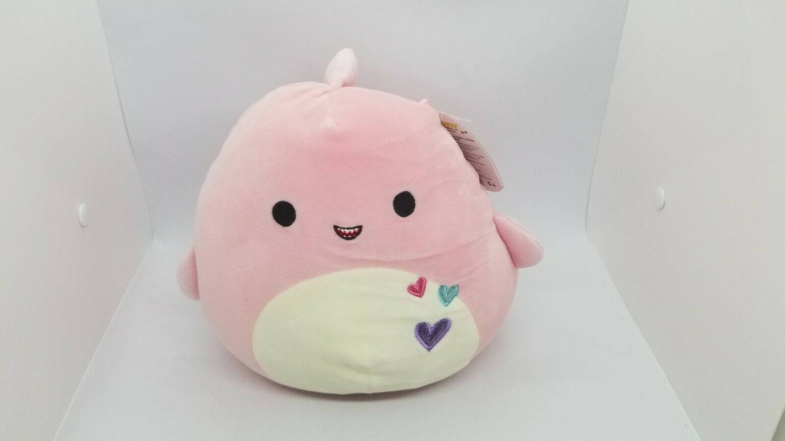 pink squishmallows, smiling face, colorful hearts, HD Desktop Wallpaper
