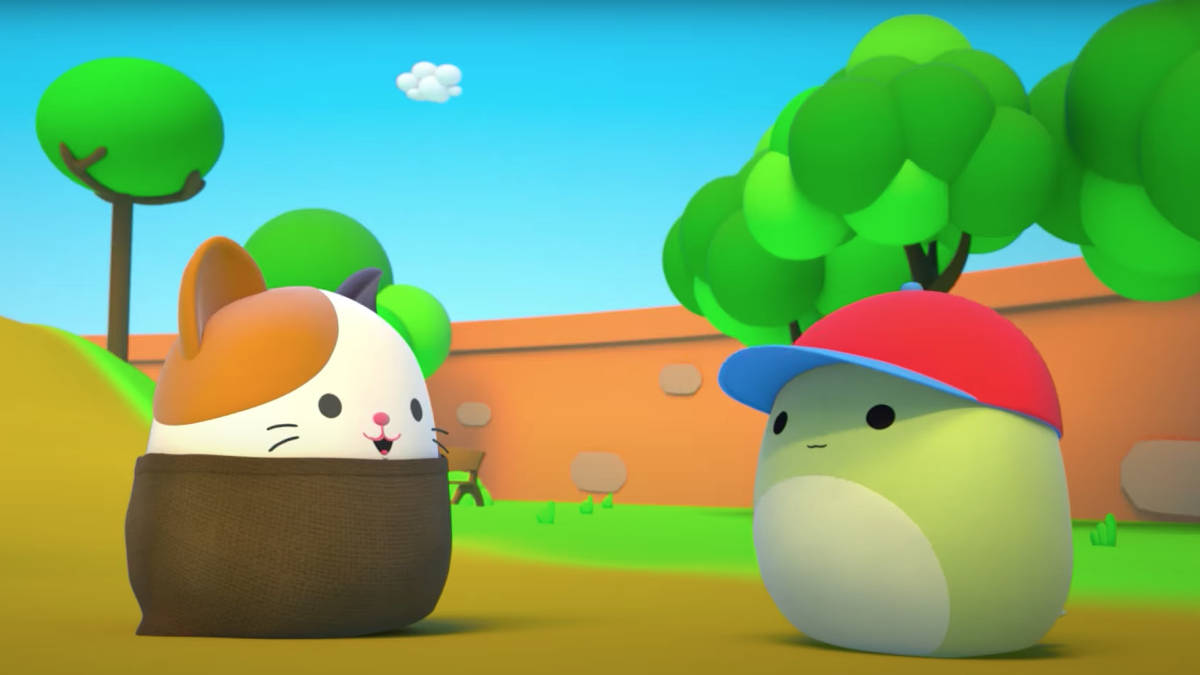Squishmallows, cat in a sack, round creature in a cap, SD Desktop Wallpaper