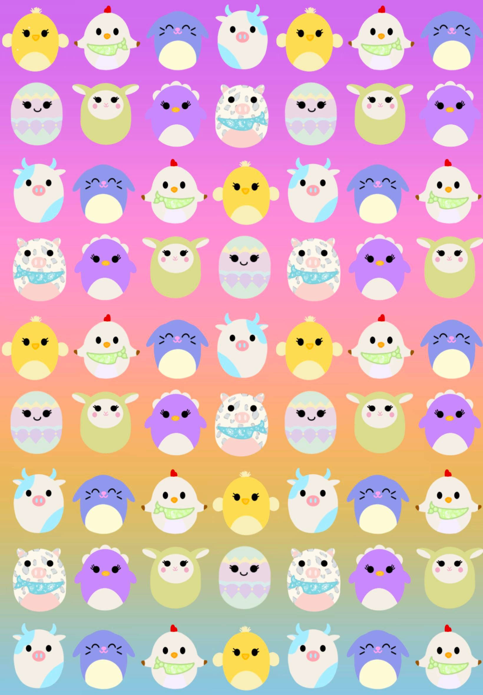 Digital Cartoon Squishmallows Pattern, pastel colors, rainbow gradient background, Full HD Phone Wallpaper