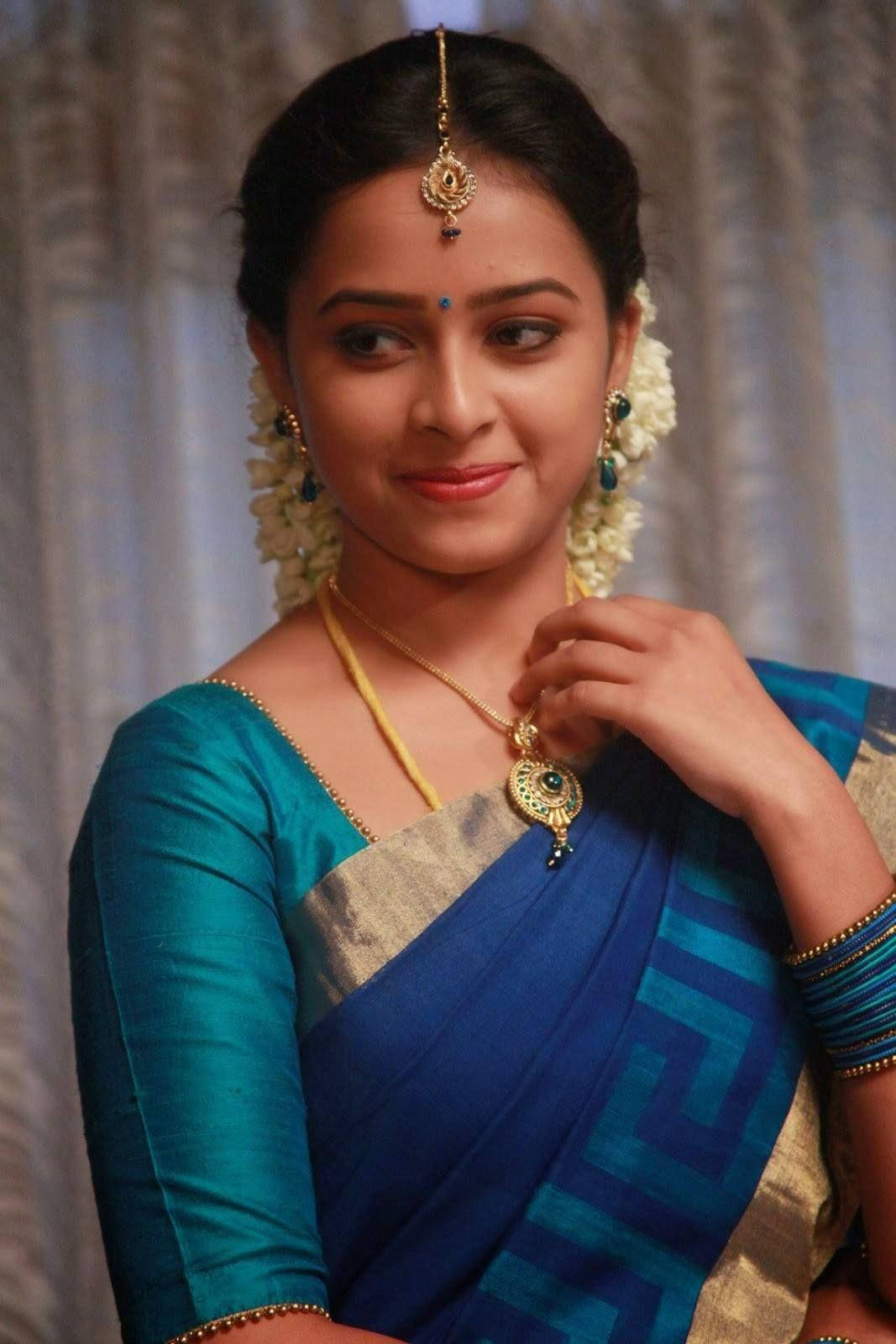 Sri Divya, blue dress, blue and teal saree, HD Phone Wallpaper