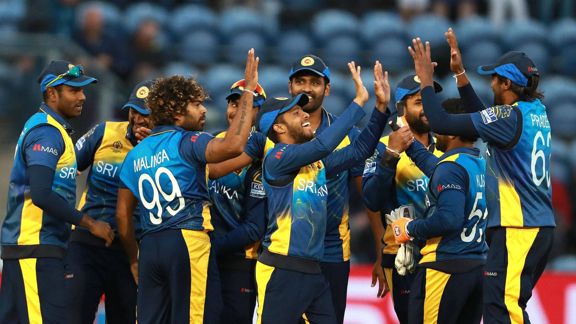 Sri Lanka Cricket, blue and yellow uniforms, stadium field, Full HD Desktop Wallpaper