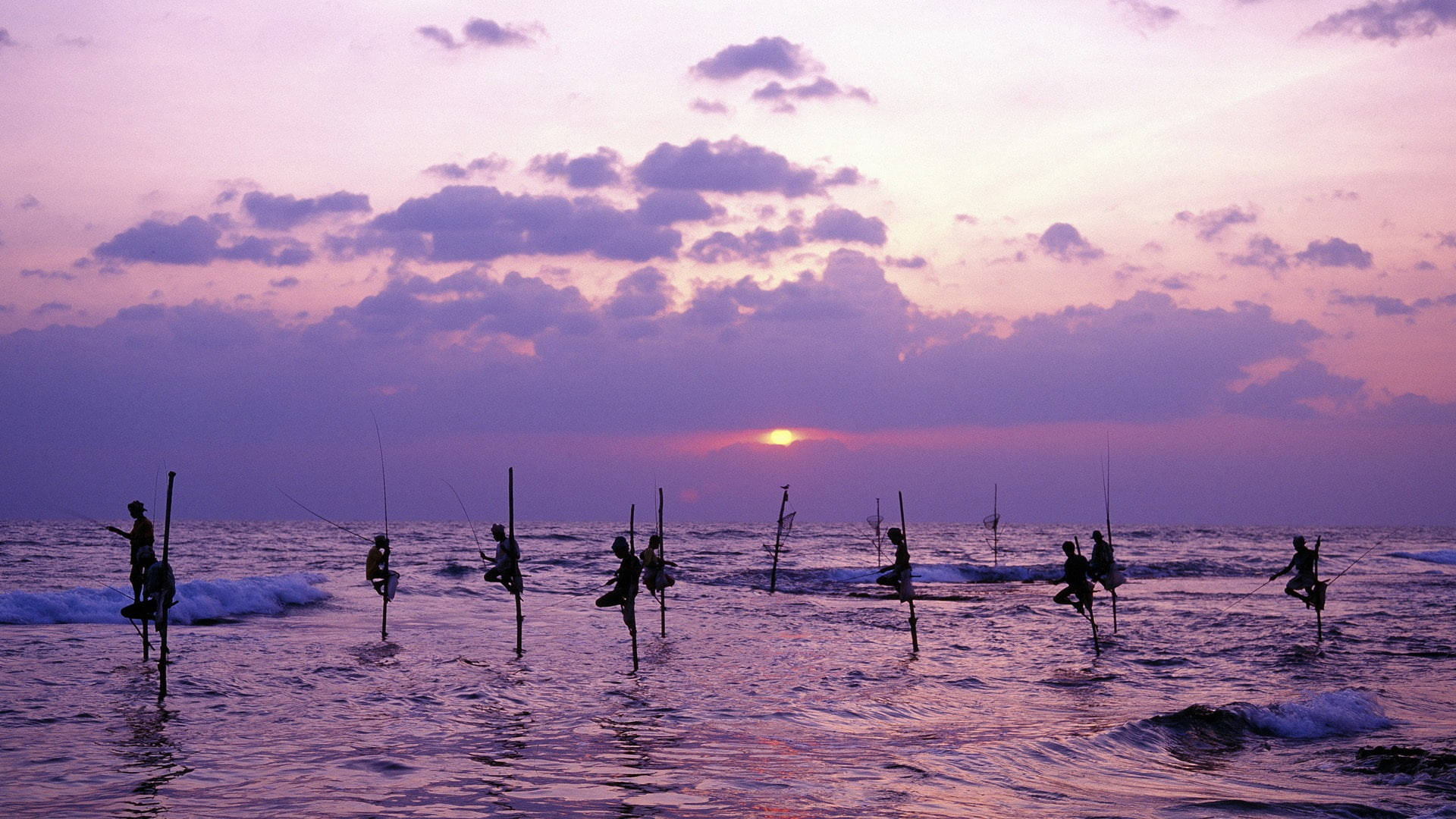 Sri Lanka, stilt fishing, sunset, Full HD Desktop Wallpaper