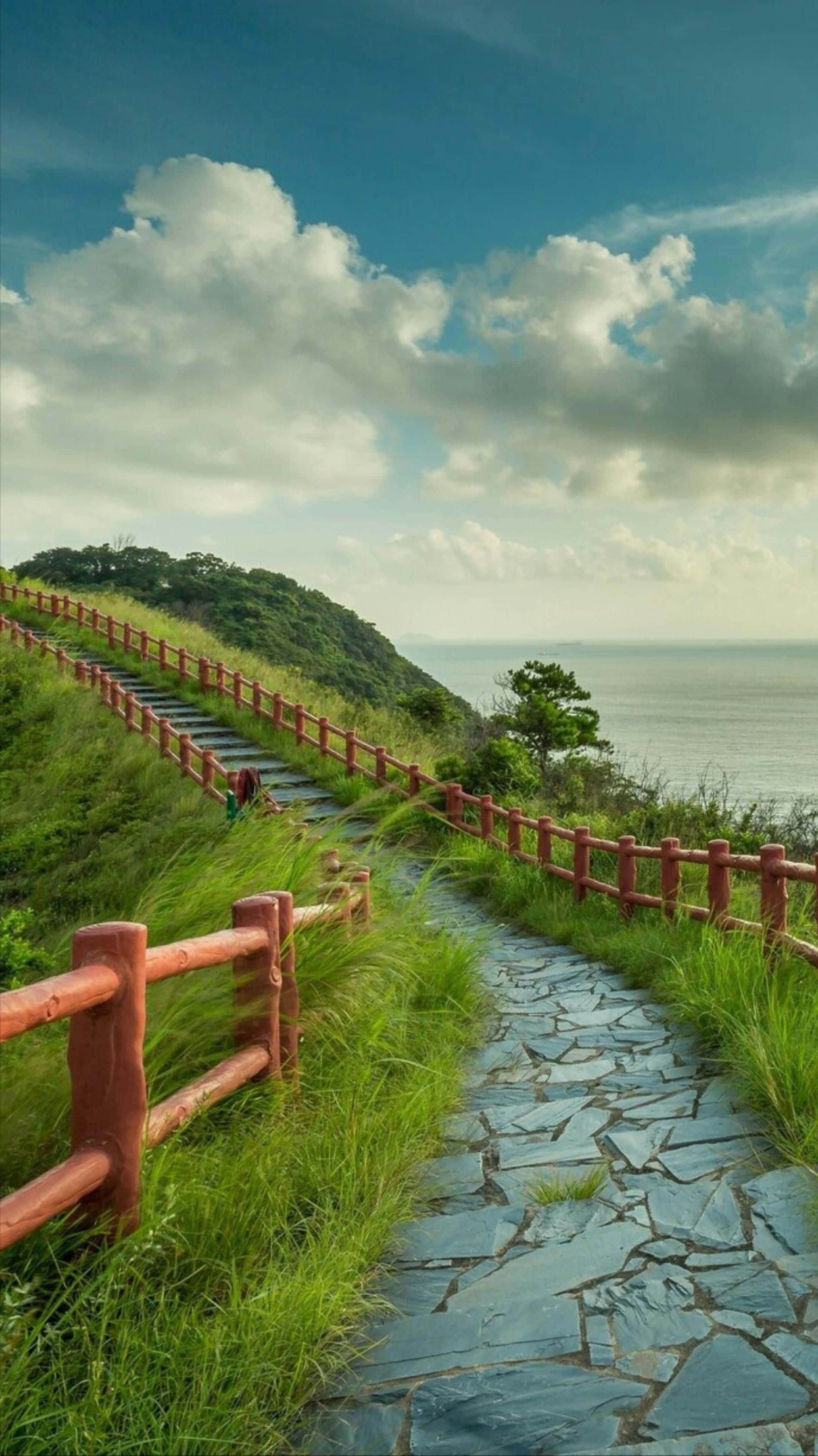 mountain path, Sri Lanka, red wooden railings, 4K Phone Wallpaper