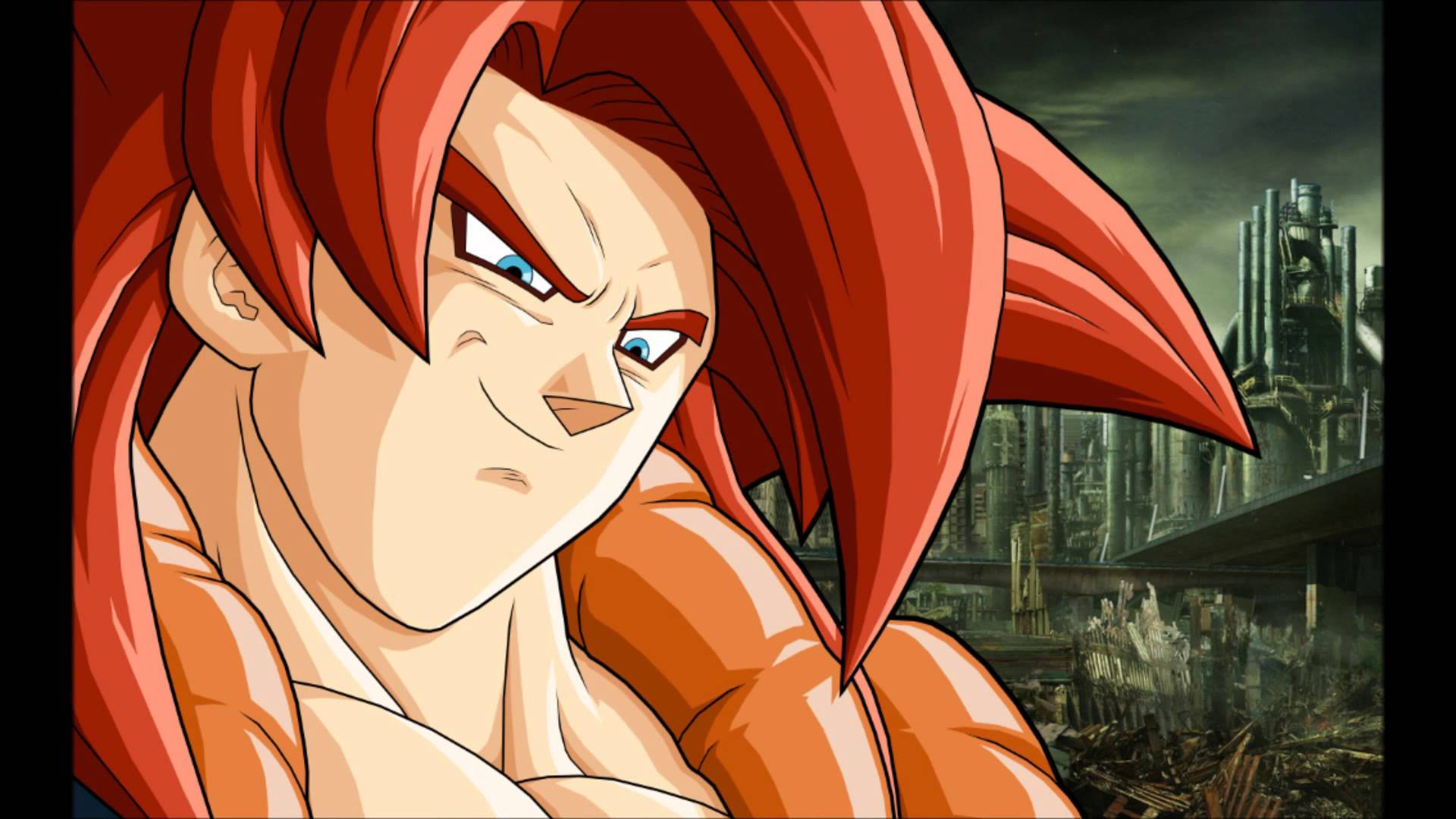 Ssj4 Gogeta, ruined futuristic city, spiky red hair, Full HD Desktop Wallpaper