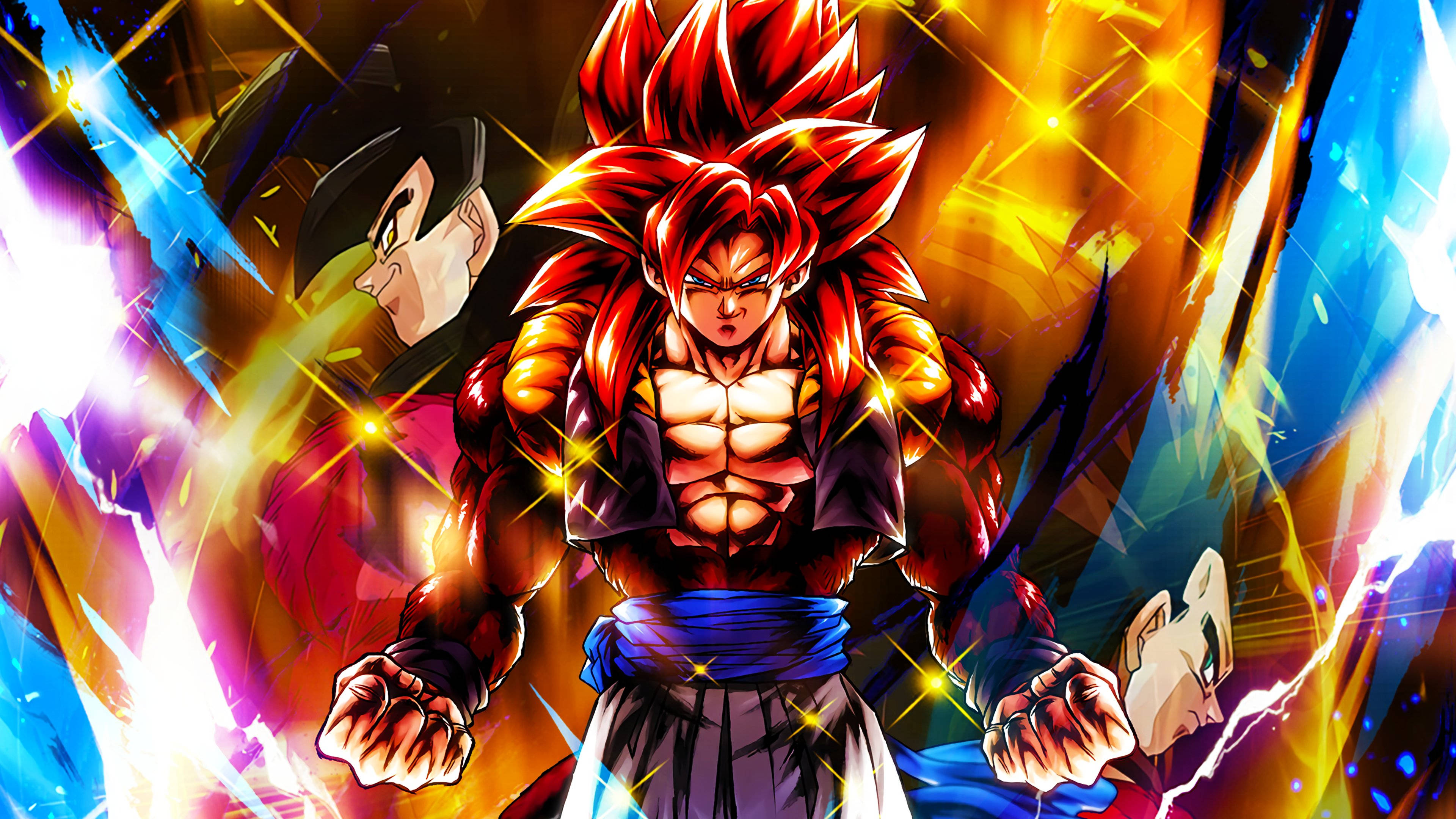 SSJ4 Gogeta, red spiky hair, glowing aura, 4K Desktop Wallpaper