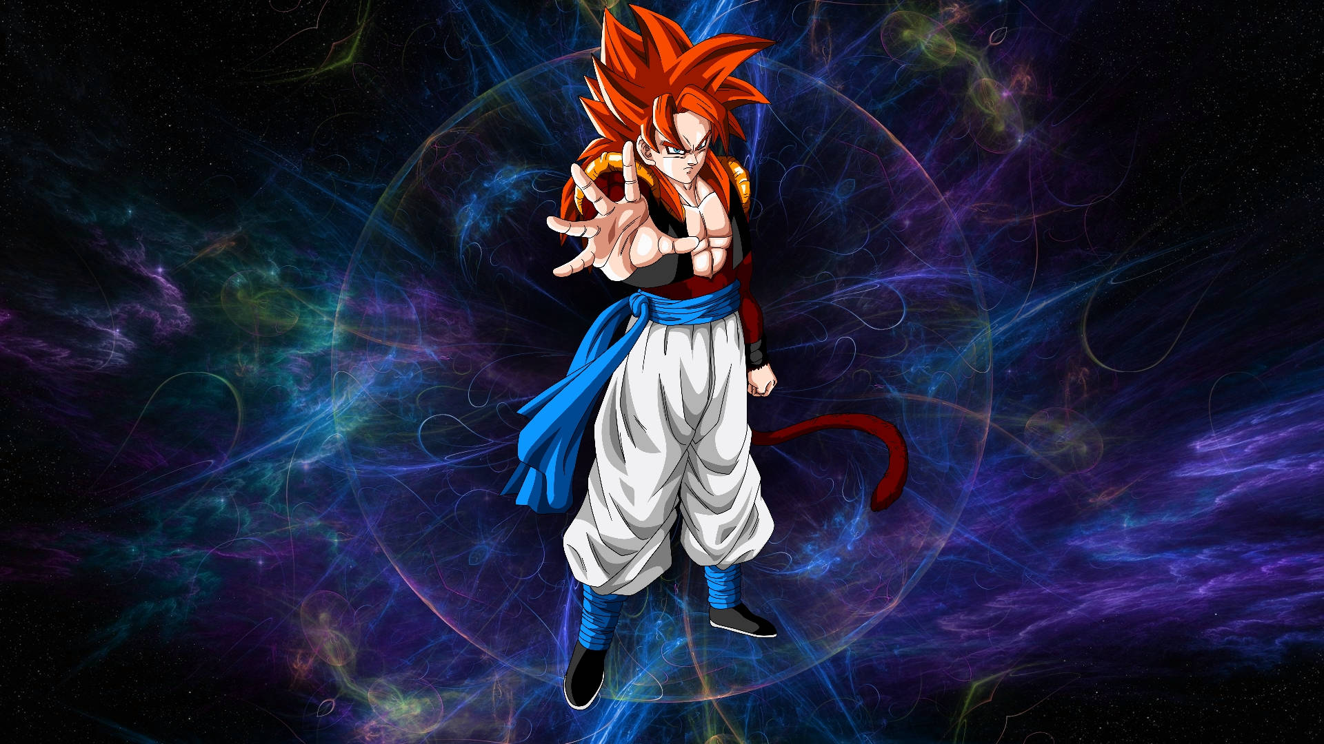 Ssj4 Gogeta, red hair, blue sash, Full HD Desktop Wallpaper