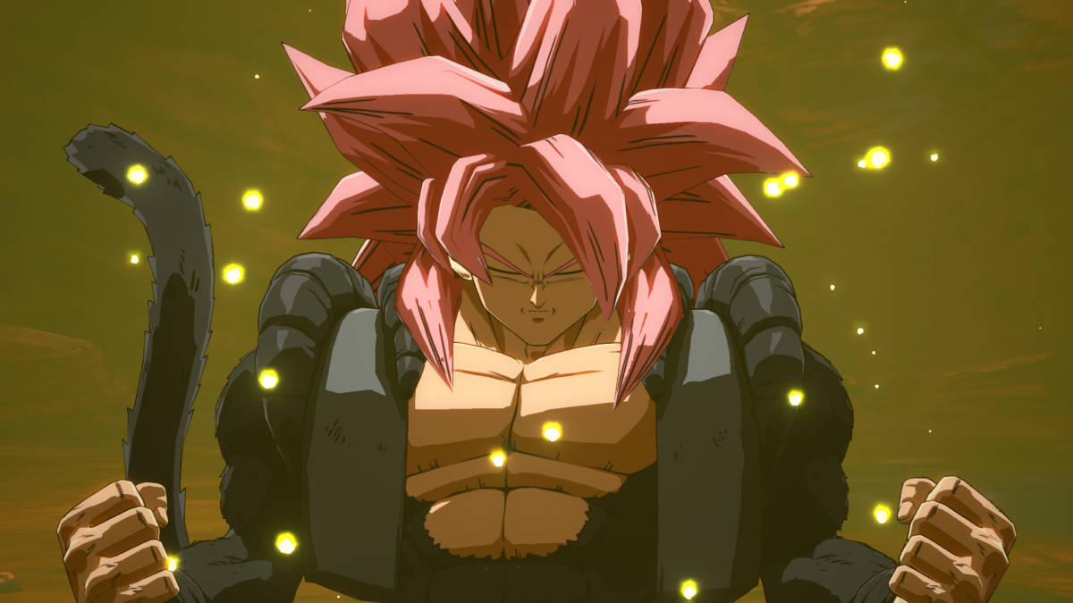 Ssj4 Gogeta, spiky pink hair, glowing yellow particles, SD Desktop Wallpaper