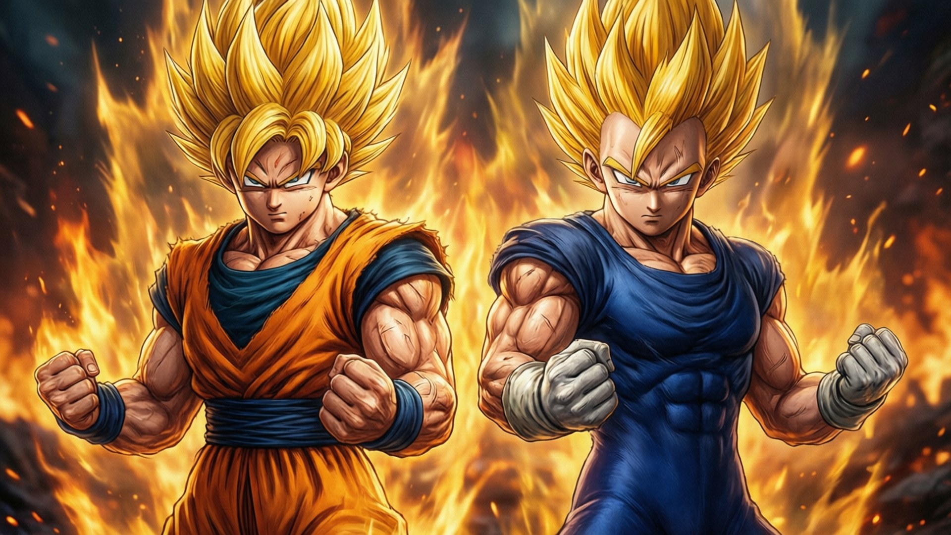 SSJ4 Goku, spiky golden hair, roaring fiery background, Full HD Desktop Wallpaper
