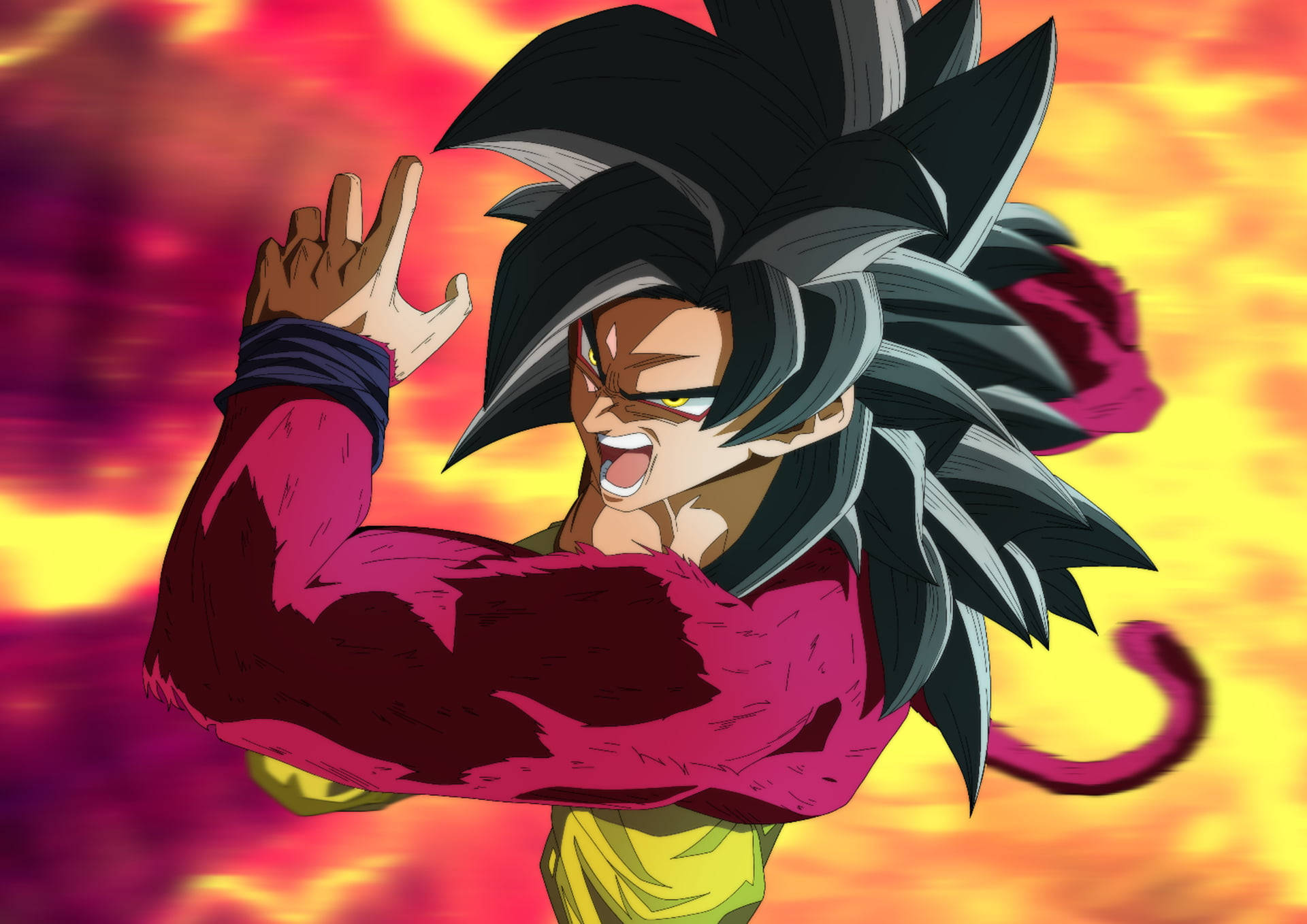 Ssj4 Goku, spiky black and silver hair, fiery orange and purple sky, Full HD Desktop Wallpaper
