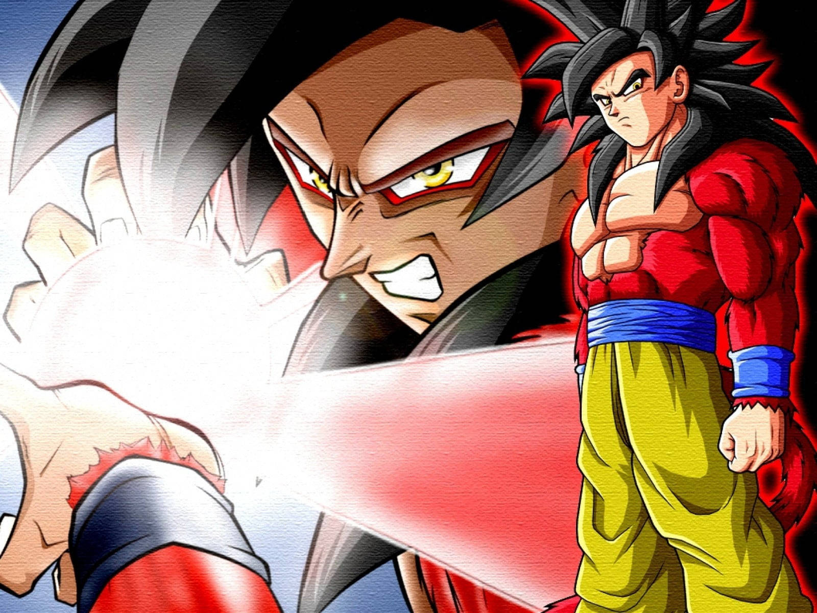 Ssj4 Goku, red and yellow battle gear, energy blasts, HD Desktop Wallpaper