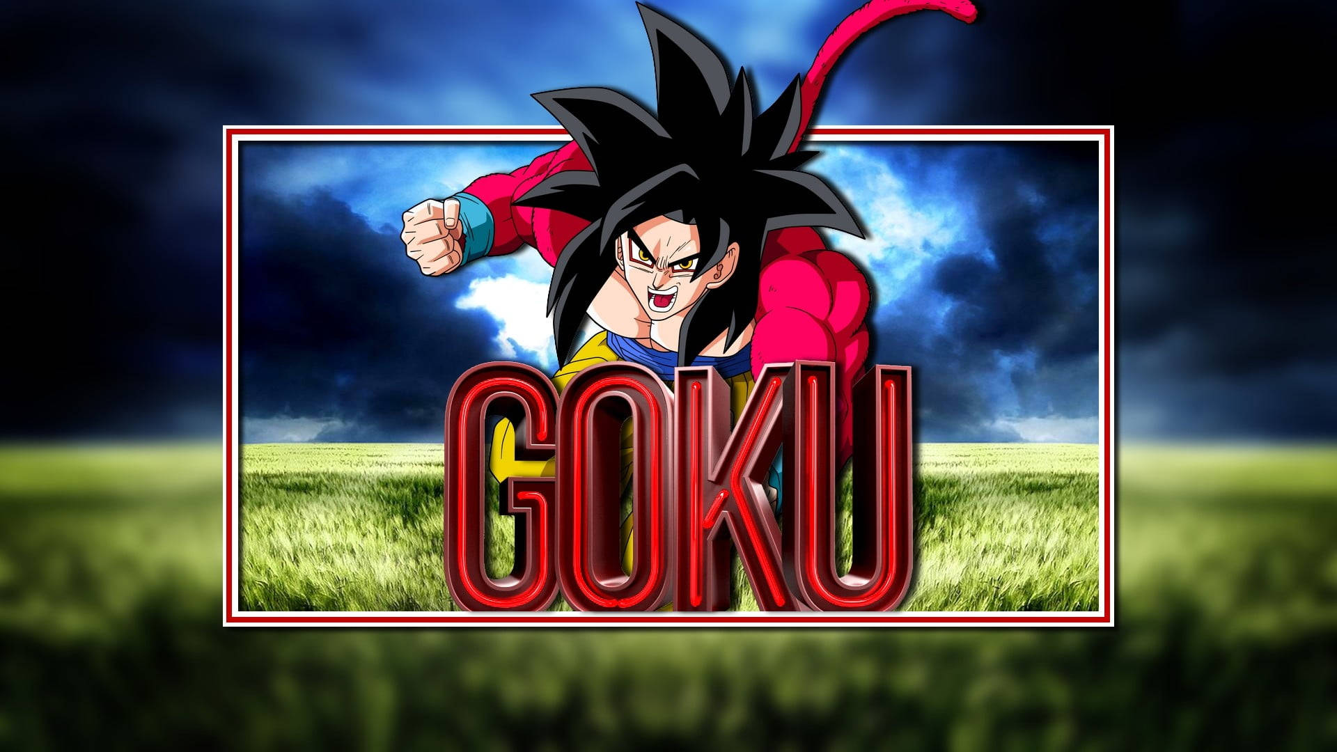 Ssj4 Goku, red and blue gi, grassy field, Full HD Desktop Wallpaper